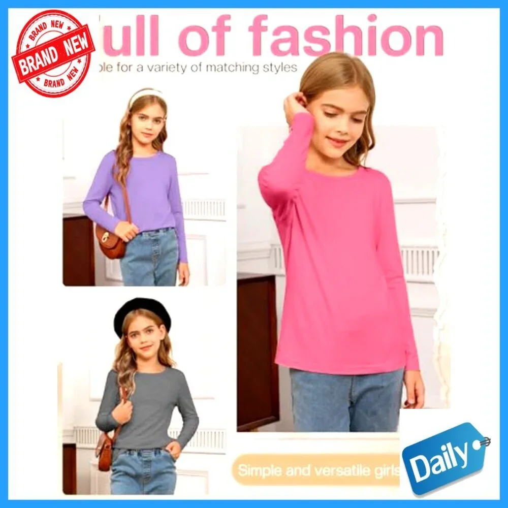 5 Pack Girls Long Sleeve Crewneck Tees Soft Athletic Layering Tops